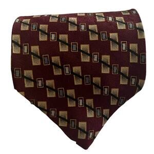 Gianfranco Ruffini Burgundy Tan Rectangle Geometric Striped Silk Tie